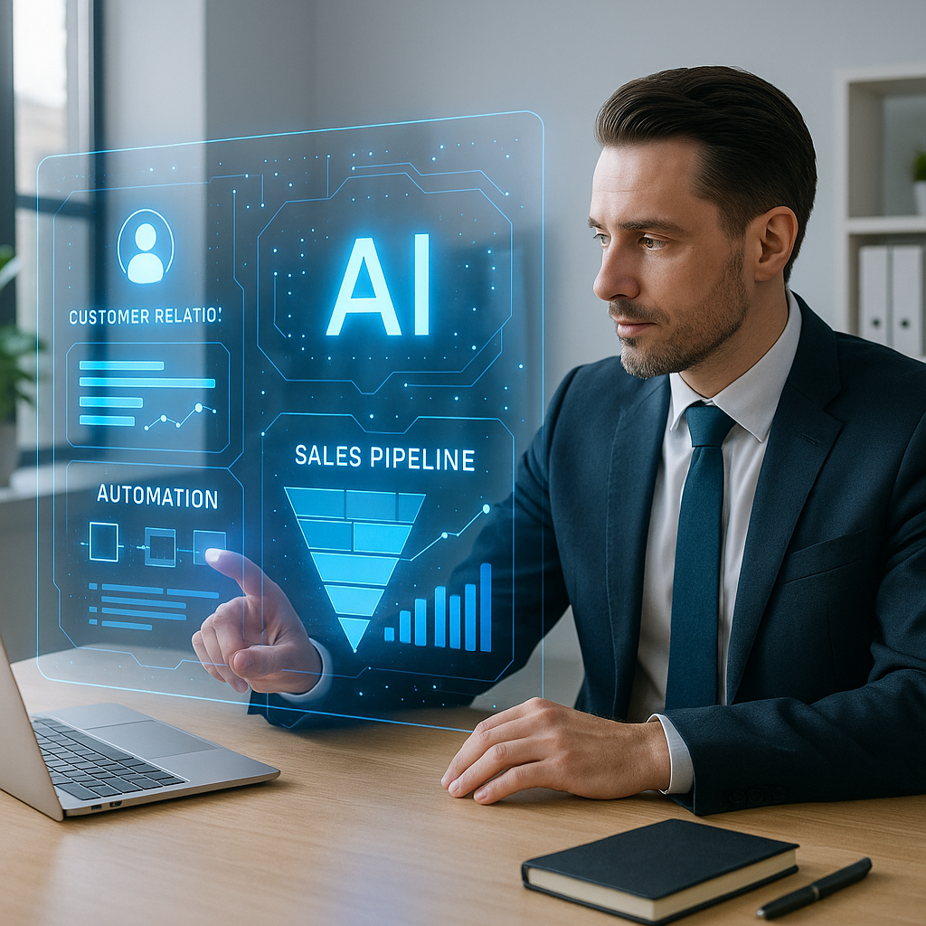 AI Agent עובד עם נתוני CRM בממשק הולוגרפי עתידני